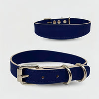 Zgarda caini din piele naturala, lata pentru protectia gatului, marime L, ajustabila 44–54 cm, bleumarin