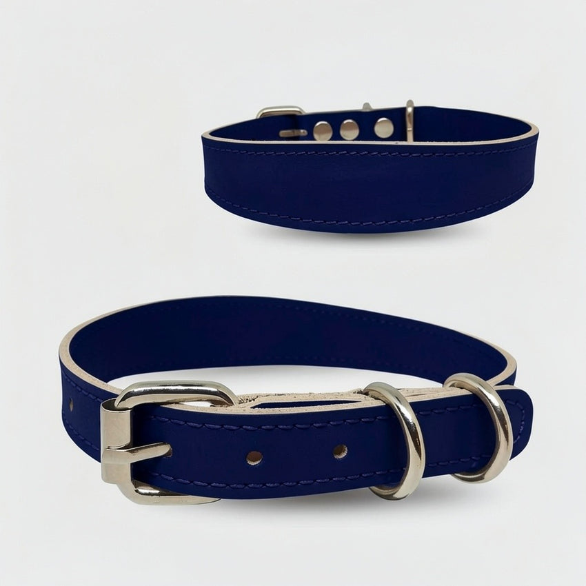 Zgarda caini din piele naturala, lata pentru protectia gatului, marime L, ajustabila 44–54 cm, bleumarin