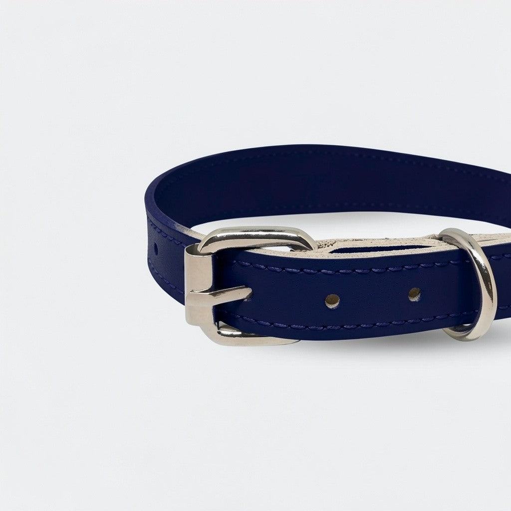 Zgarda caini din piele naturala, lata pentru protectia gatului, marime L, ajustabila 44–54 cm, bleumarin