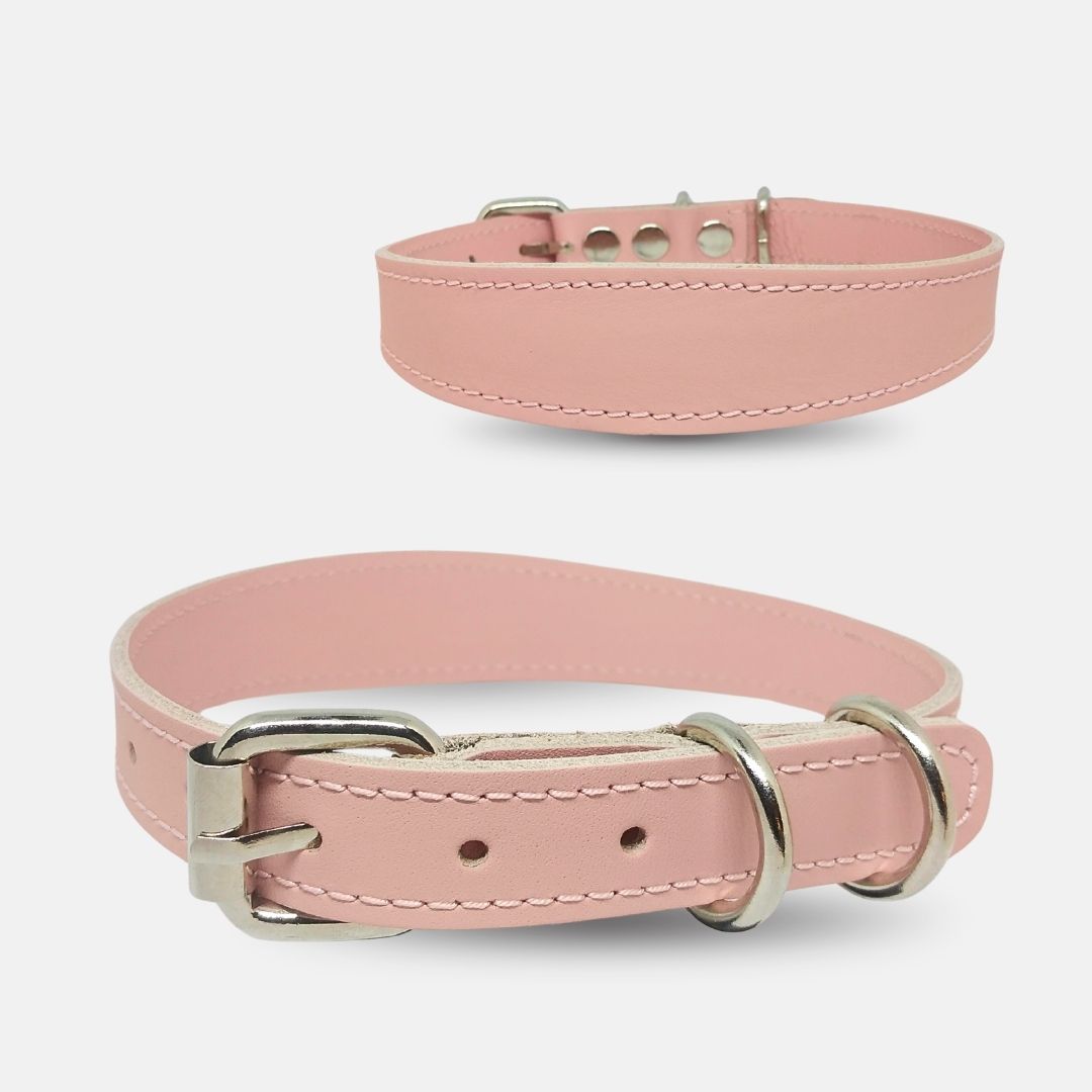 Zgarda caini din piele naturala, lata pentru protectia gatului, marime M, ajustabila 36–44 cm, roz