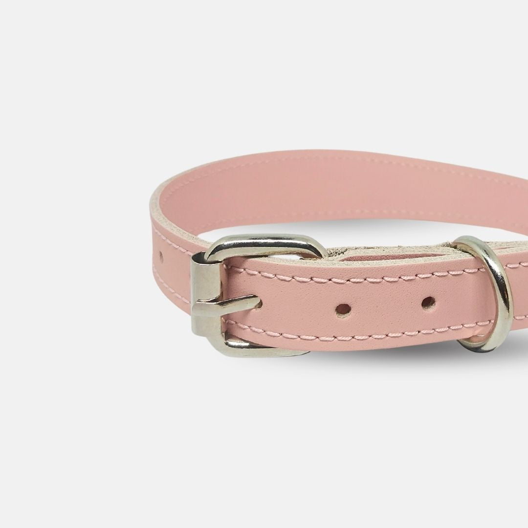 Zgarda caini din piele naturala, lata pentru protectia gatului, marime M, ajustabila 36–44 cm, roz