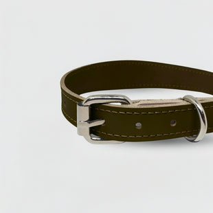 Zgarda caini din piele naturala, lata pentru protectia gatului, marime L, ajustabila 44–54 cm, maro