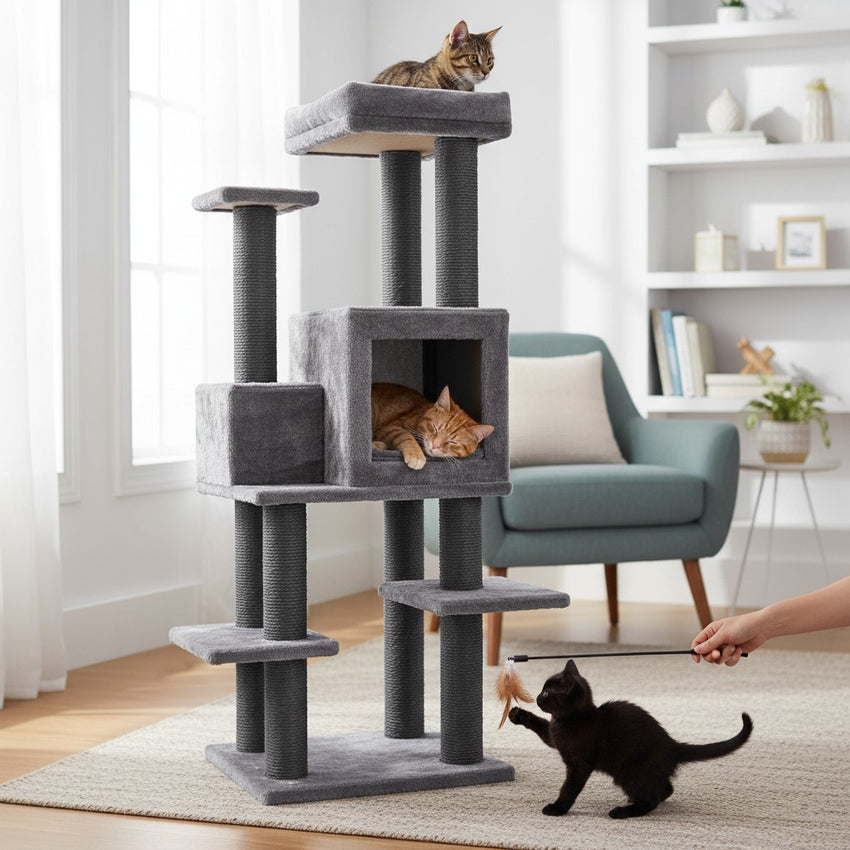 Ansamblu de joaca si catarat pentru pisici cu sisal, SHAW, MDF, gri, model Zurih