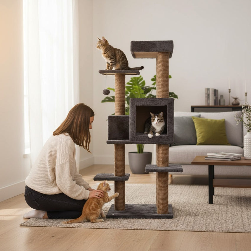 Ansamblu de joaca si catarat pentru pisici cu sisal, SHAW, MDF, maro, model Zurih