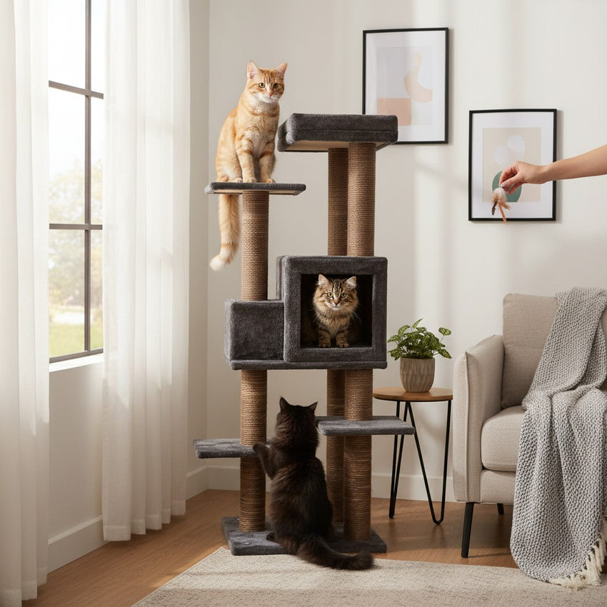 Ansamblu de joaca si catarat pentru pisici cu sisal, SHAW, MDF, maro, model Zurih